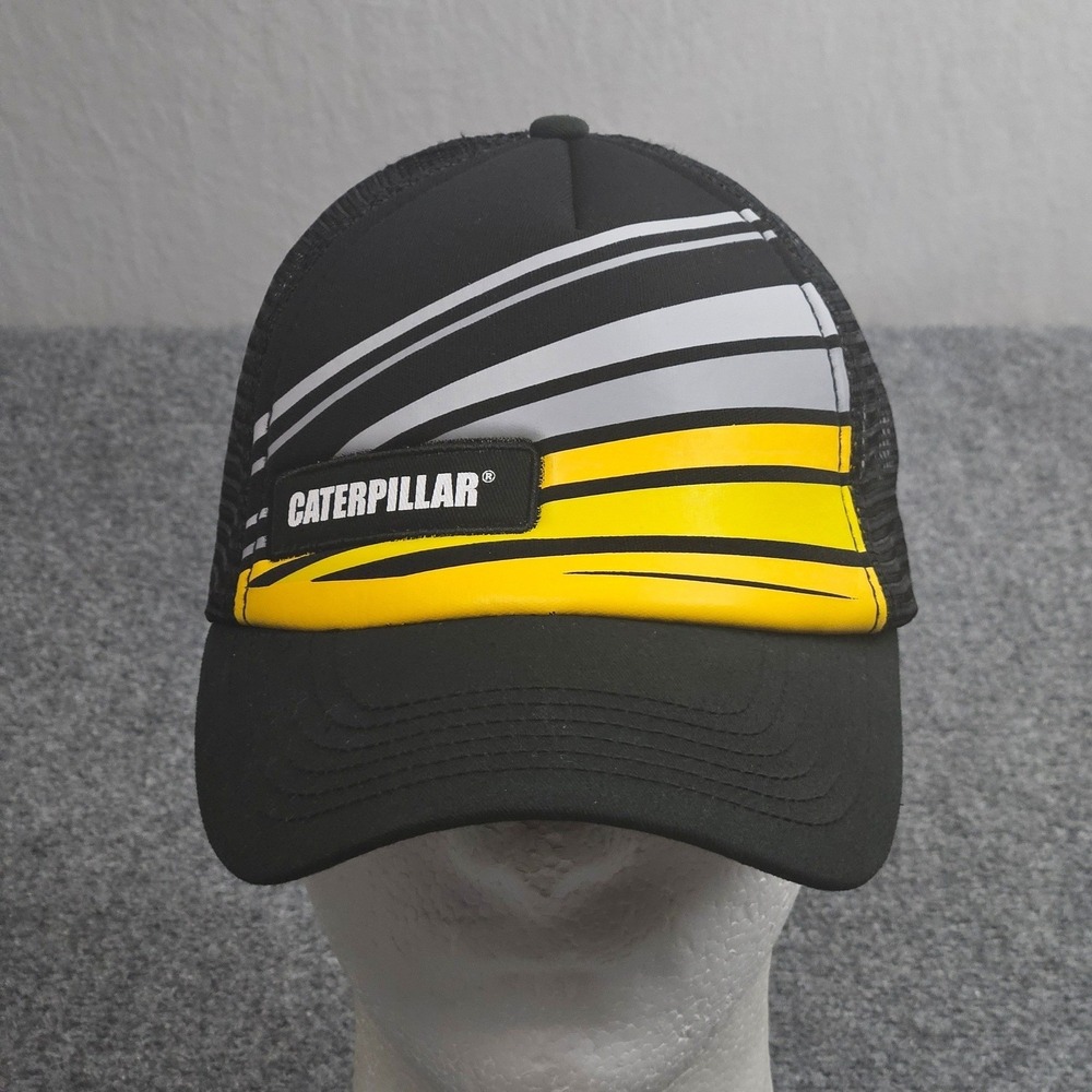Caterpillar Trucker Hat Black Yellow Striped Snapback Cap Industrial Workwear
